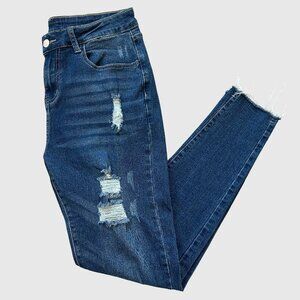 Women's Distressed High-Waisted Cotton Jeans - Dark Wash - Extra Large